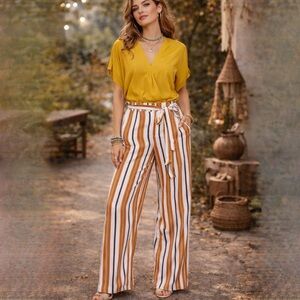 Forever 21 White Orange Striped Viscose High Rise Wide Leg Trousers Pants